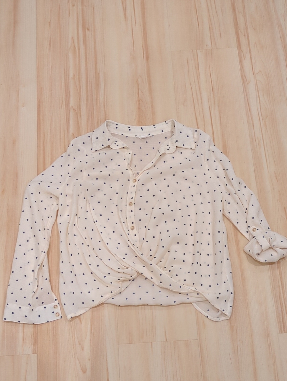 mine Cream Button-Front Polka Dot Twist Hem Shirt